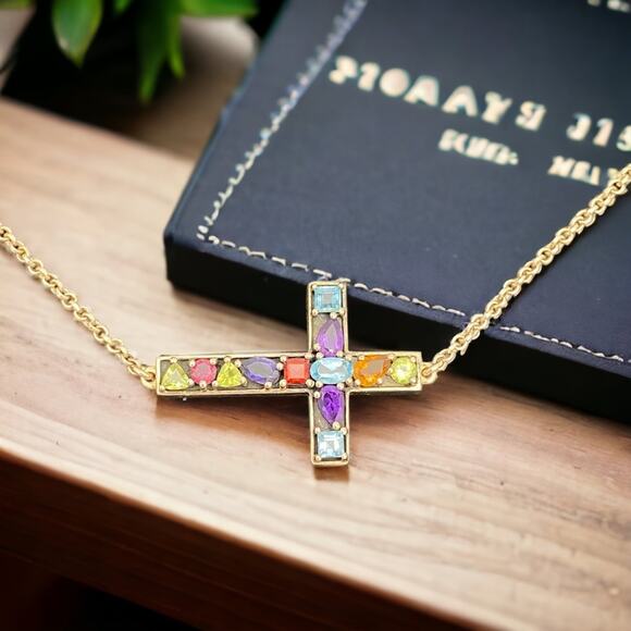 Samuel B. Sterling Silver Sideways Cross Necklace Multi Gemstone 925 Benham 18” - Picture 1 of 10